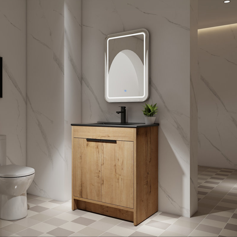 Meuble-lavabo autoportant avec lavabo en céramique et portes à fermeture en douceur, Noir