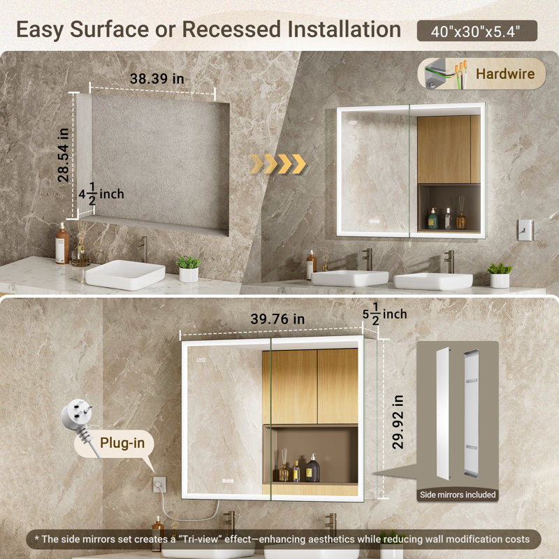 Palmina LED Medicine Cabinet with Mirrored Side Panels, Dimmable 3-Color Front Lighting & Ambient Back Glow, Anti-Fog, Outlet, Clock & Sensor Light, Surface/Recessed Mount