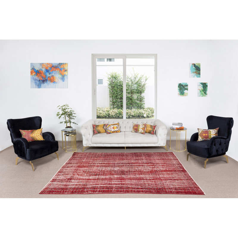 Tapis turc vieilli à la main de 5,8 x 8,7 pi surteint en rouge bourgogne pour un intérieur moderne