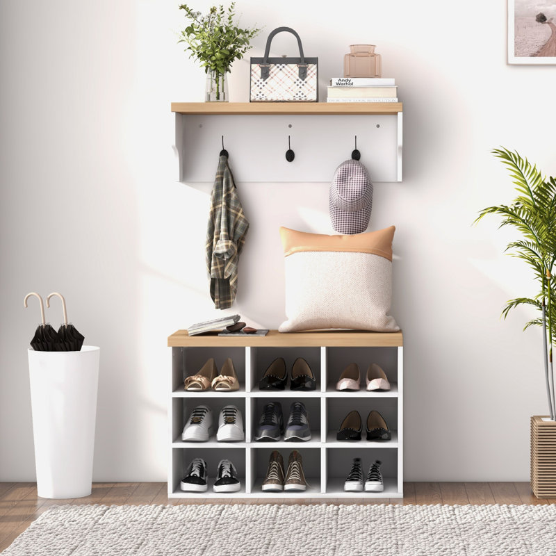 2-In-1 Coat Rack Shoe Bench Set, 9 Pair Shoe Storage Cabinet Rack With Hall Tree, Modern Entryway, Hallway, Mudroom, Bedroom Organizer Shoe Cabinet, Entryway Cabinet, Bedroom Cabinet, White Cabinet