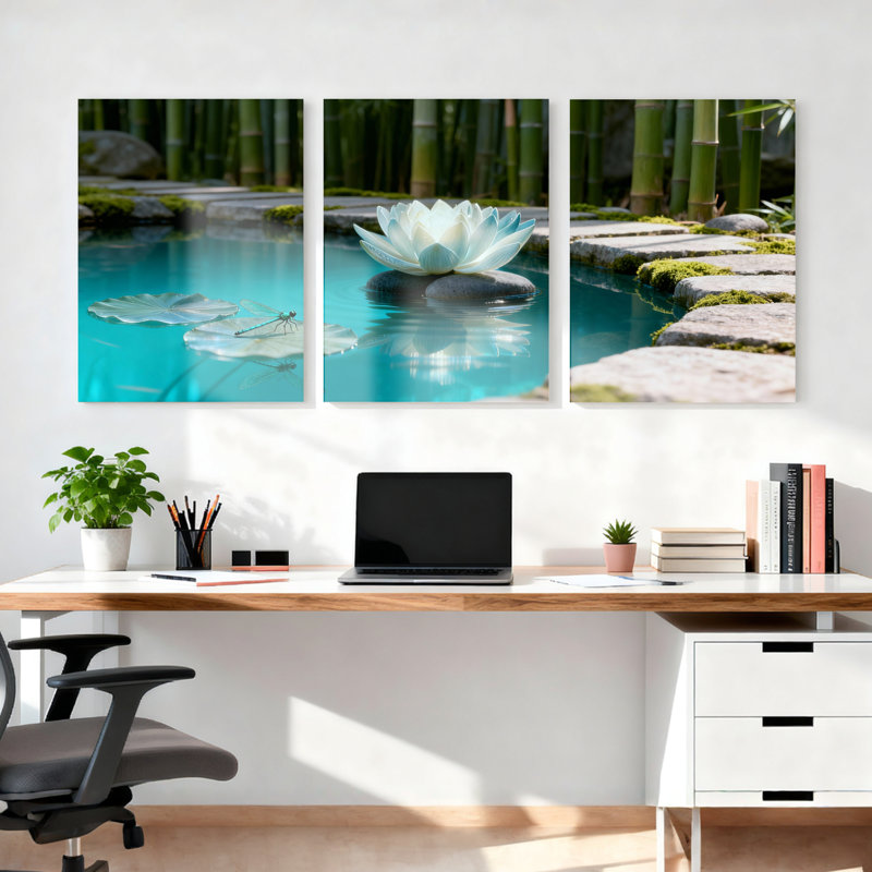 Ensemble de 3 tableaux muraux sur toile représentant un jardin de bambous et des fleurs de lotus, H 30 po x l 60 po