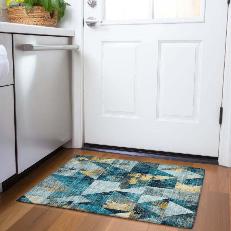 Tapis bleu sarcelle lavable à la machine intérieur / extérieur Xhevrie, Rectangle 1 pi 8 po x 2 pi 6 po