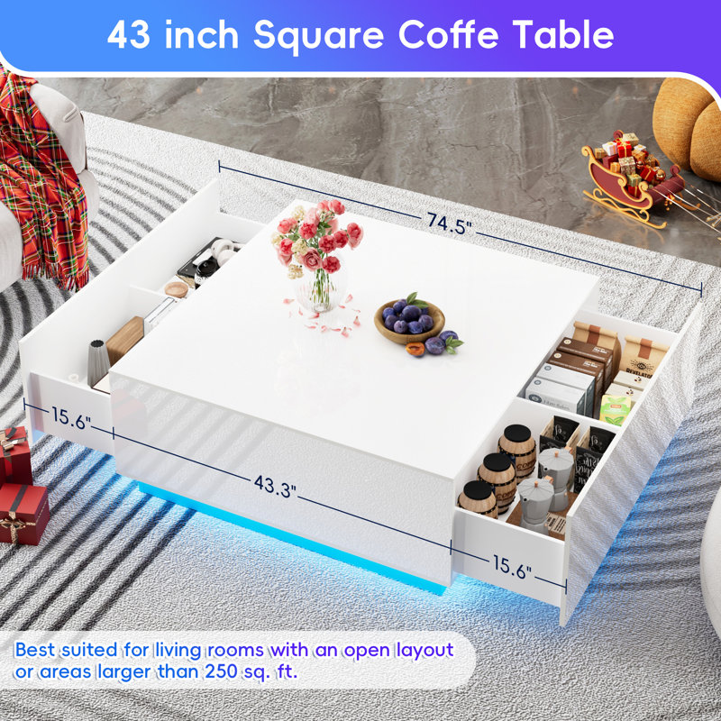 High Gloss Coffee Table with 2 Storage Drawers, 43" Square Coffee Tables with LED Lights, APP & Remote Control, Modern Living Room Center Table, White