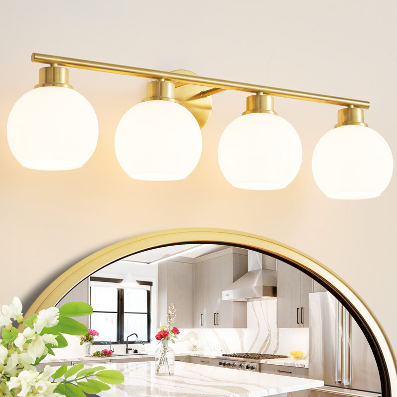 Kyller Modern light  Bathroom Vanity Lighting With Opal Globe Shades Dimmable Bathroom Light Fixtures, Gold, 5