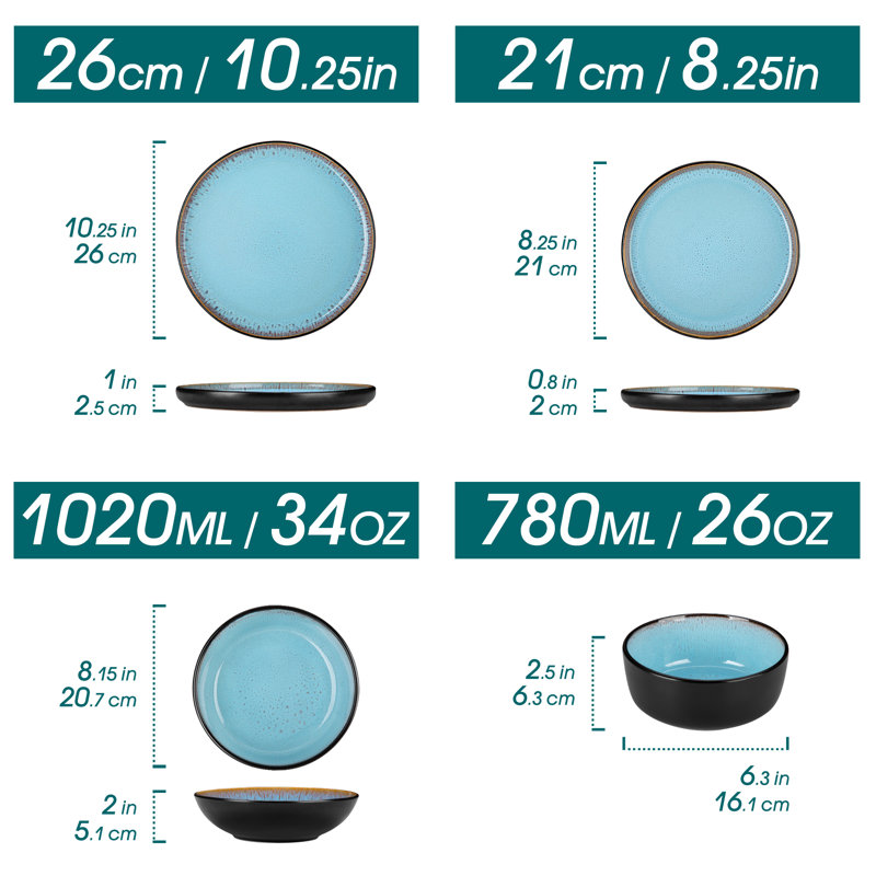 16 Pieces Dinnerware, Pocelain Round Plate, Dinner Plate, Dessert Plate, Soup Bowl And Bowl With Vertical Edge, Serve For 4 Person, Blue And Black