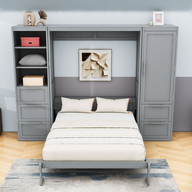 Grand lit escamotable avec rangement intégré et configuration personnalisable, Gris