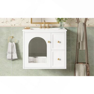 24" Bathroom Vanity Set Wall Mounted for Small Space, Bathroom Cabinet with Ceramic Sink, 2 Drawers and 1 Soft-Close Door