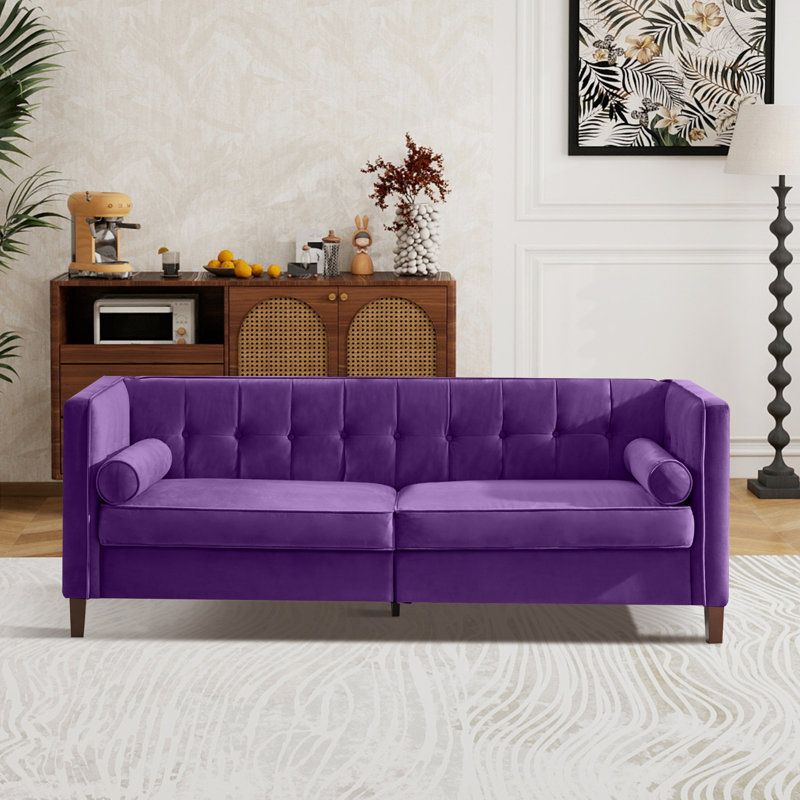 78''  Wide Velvet Tufted Square Arm Sofa, Purple Velvet