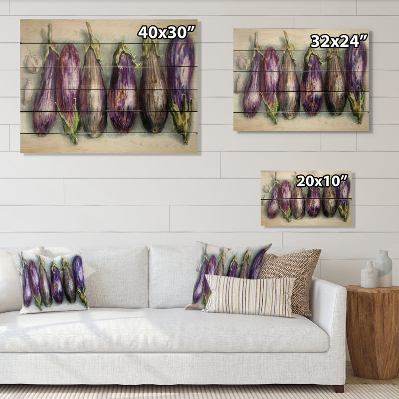 «Eggplants Kitchen Art», impression sur bois sans cadre, H 24 po x l 36 po x P 1 po
