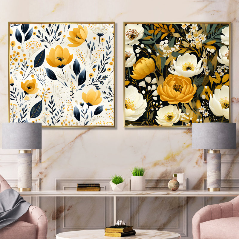 Erwan - Ensemble de 2 impressions sur toile florales, Encadrement doré, H 16 po x l 33 po x P 1 po