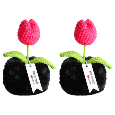 2Pcs Crochet en pot Faux fruits Bonsai Home Living Bureau Bureau Décoration de bureau Tulipe jaune tricoté à la main Oranges Auto Décoration d'intérieur, rose rouge