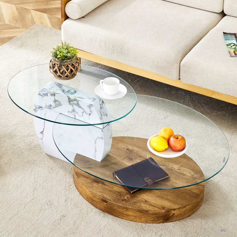 Table basse contemporaine à double couche artistique - marbre blanc et collage de grain de bois, plusieurs couleurs disponibles. Autocollant de panneau de densité, verre renforcé,