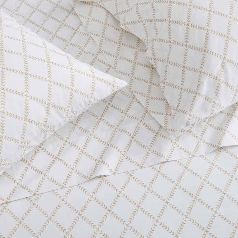 Martha Stewart Cotton Percale  Sheet Set, Queen Sheet Set with 2 Pillowcases, Leaf Trellis Beige