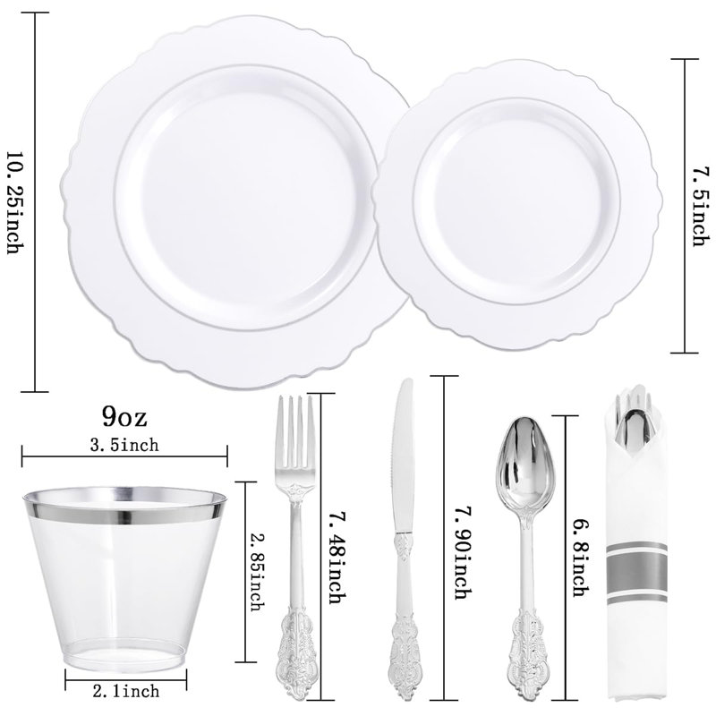 COEN 350-piece plastic plate set includes 100 plates, 50 pre-rolled napkins with silverware, and 50 cups