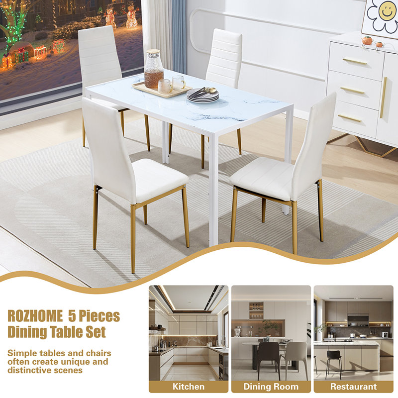 4 - Person Dining Set, White, White/Gold