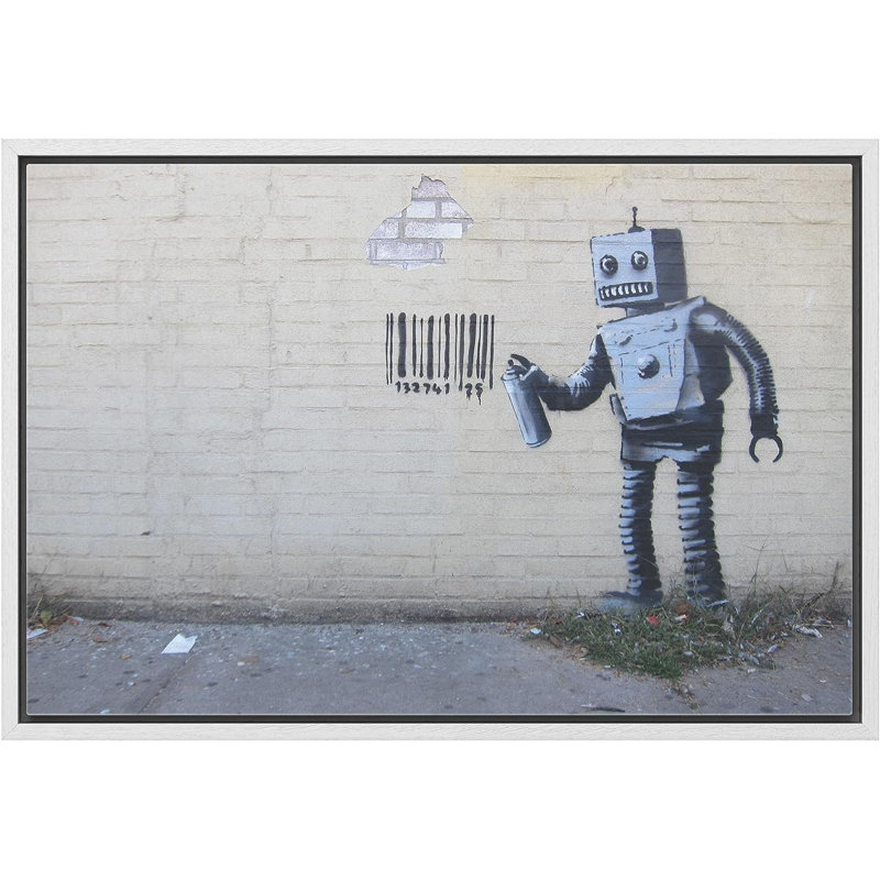 Banksy Robot Spray, peinture à code-barres sur toile, H 24 po x l 36 po x P 1,5 po, Cadre flottant blanc