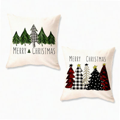 Winter Wonderland Plaid Pillowcase Set - Xmas Tree Decorative Cushion Covers for Sofa - Farmhouse Holiday Merry Red & Green Buffaloplaid