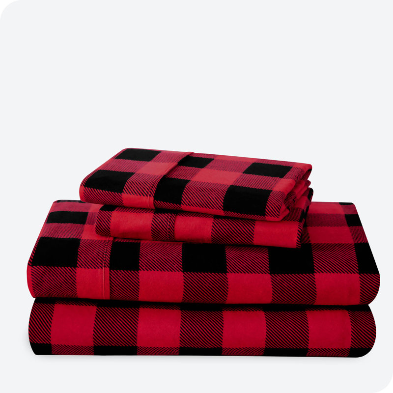 Ensemble de draps en micro-fibre, Ensemble de draps pour grand lit + un drap-housse , Carreaux Buffalo - rouge / noir