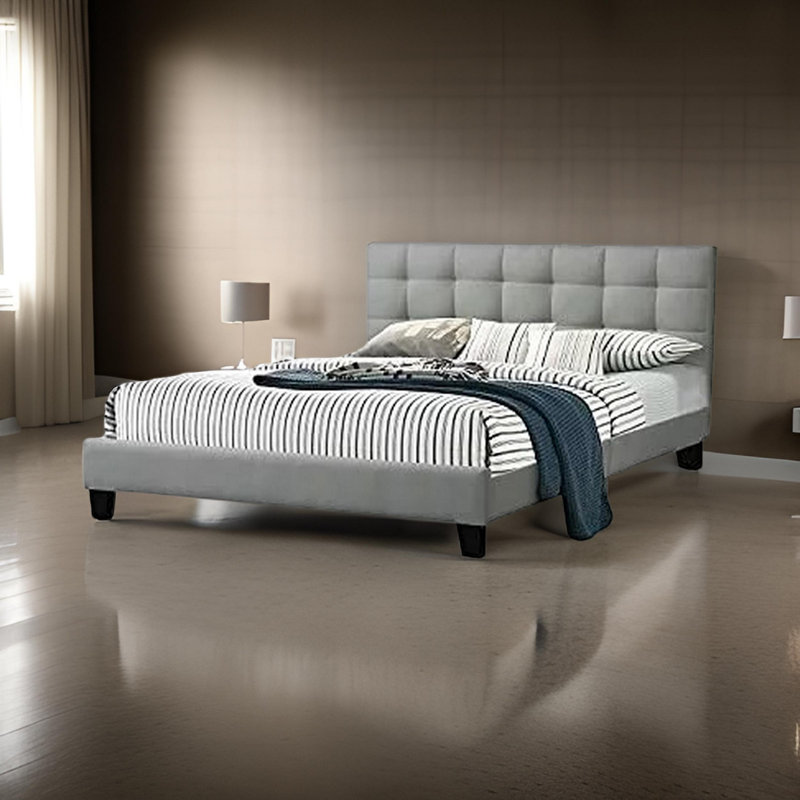 Gray Full Size Upholstered Platform Bed with Tufted Headboard
