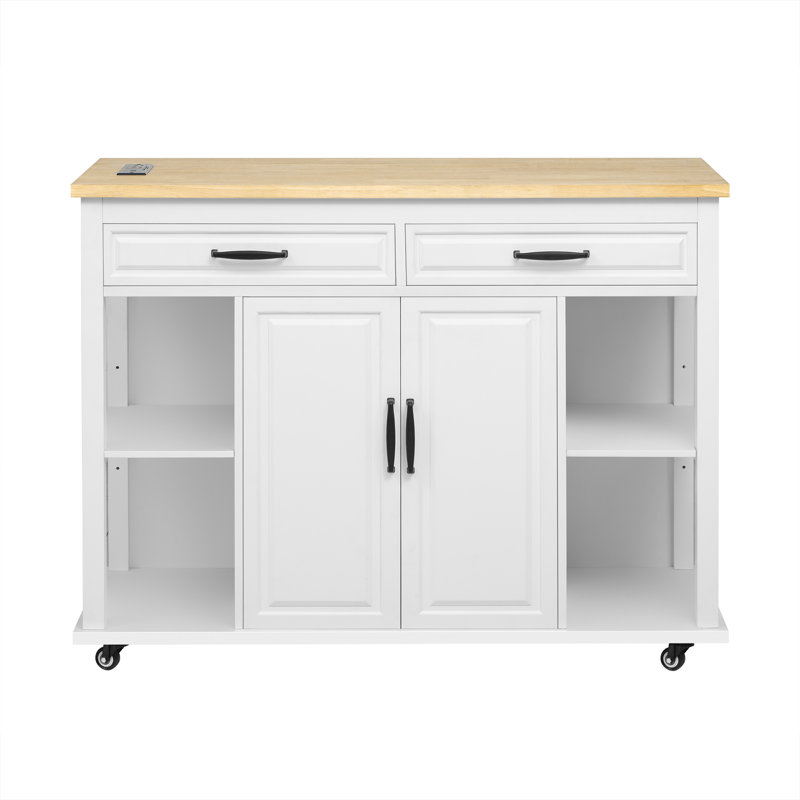 Îlot de cuisine blanc de 47 pouces avec table à manger extensible et prise électrique, Blanc