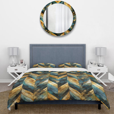 Ensemble de housse de couette doré et vert à chevrons dorés Reverie I