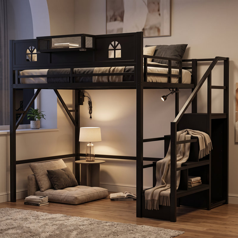 Structure de lit avec escalier de rangement réversible, garde-robe, lumière DEL et alimentation USB, double, noir, Lit double