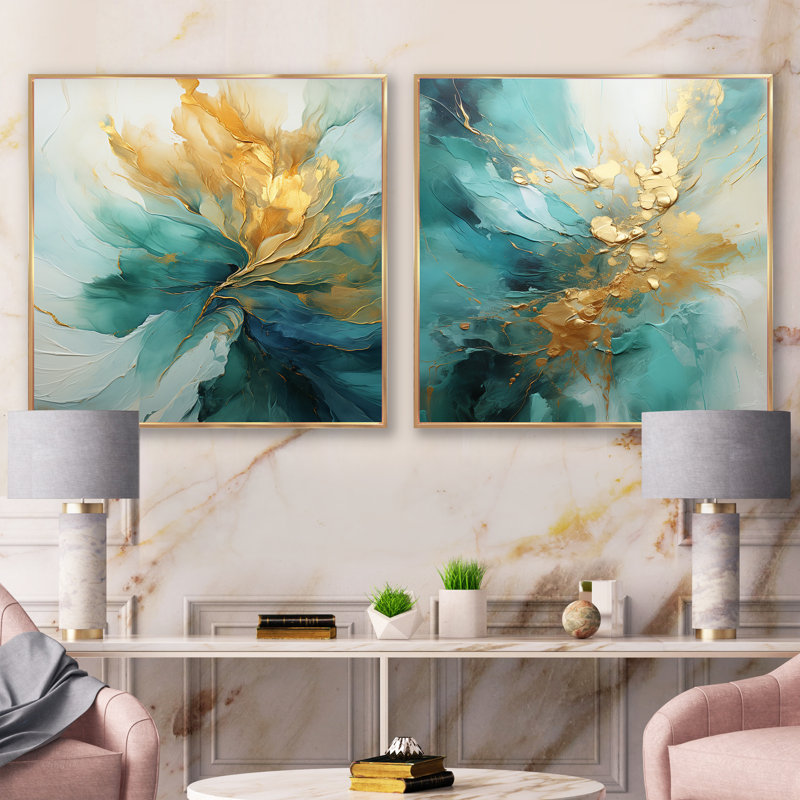Gold And Teal Aurora Harmony - Abstract Spirals Square Collage Set Of 2, Gold Floater Framed, 30" H x 61" W