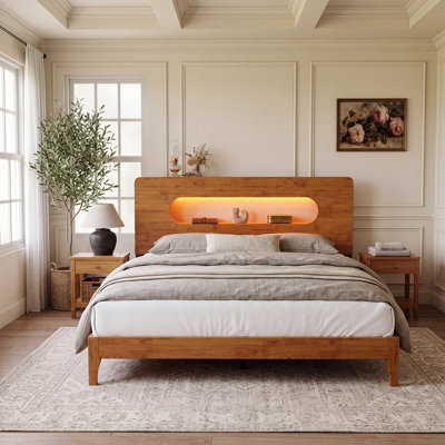 Solid Wood Platform Bed with LED & USB Storage Headboard – Full/Queen/King, Natural/Brown