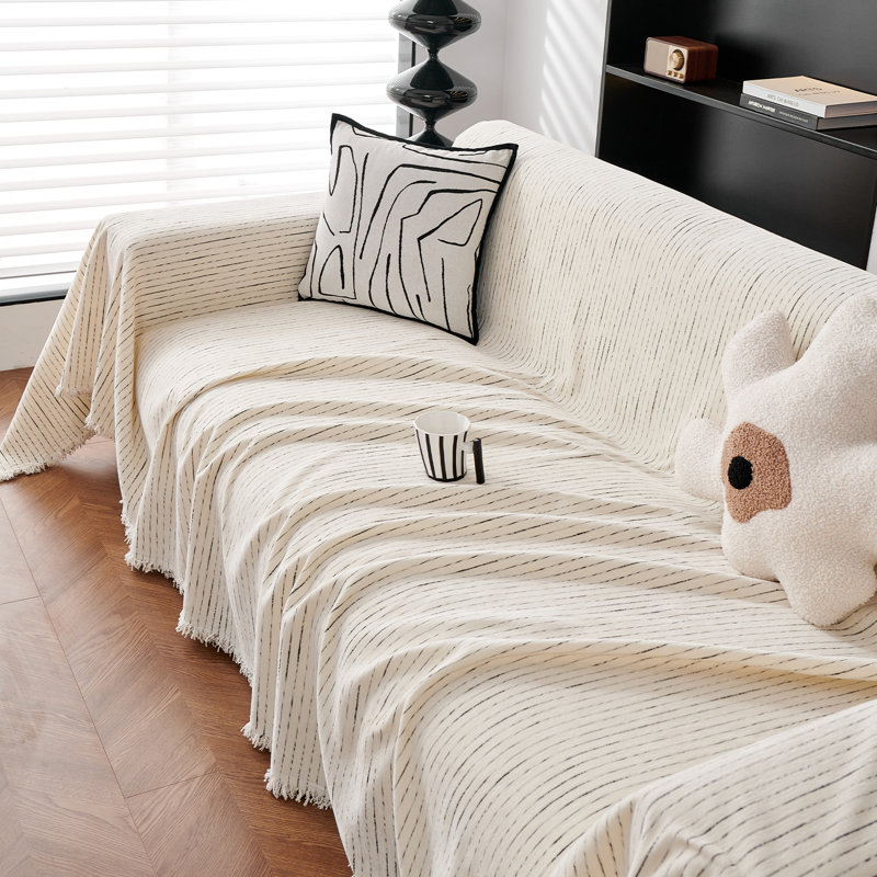 Housse pour canapé à rayures fines multicolores en chenille classique, Chenille beige / blanc, H 71 po x l 134 po x P 0,1 po