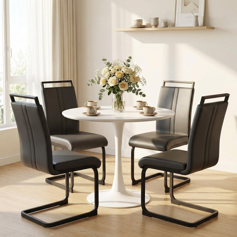 5-piece Round Dining Set With Mid-century Style Pedestal Table & C-leg Chairs