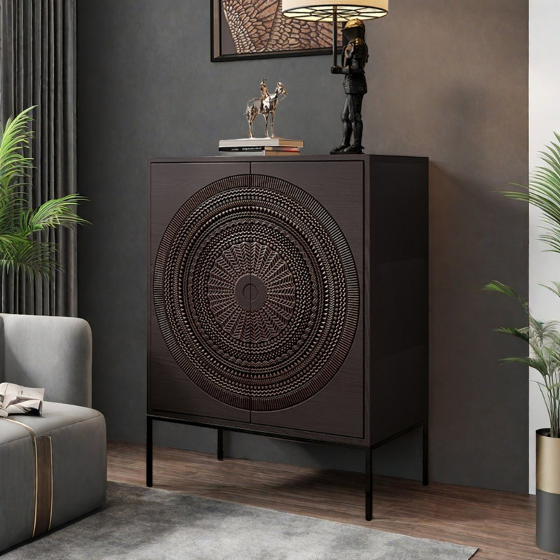 Armoire d'appoint en bois sculpté rétro Light Light, H 35,43 po x l 39,37 po x P 15,74 po, Tanné