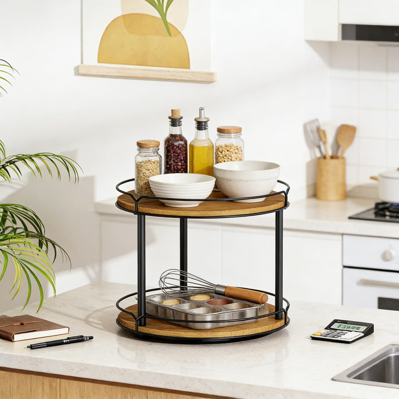 Organisateur 2 étages à plateau tournant, support à épices rotatif en bois pour comptoir de cuisine, garde-manger, meuble-lavabo et table de salle à manger