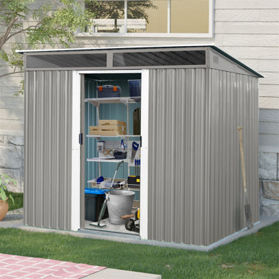8Ft X 6Ft Outdoor Metal Storage With Lockable Sliding Doors And Transparent Plate For Garden