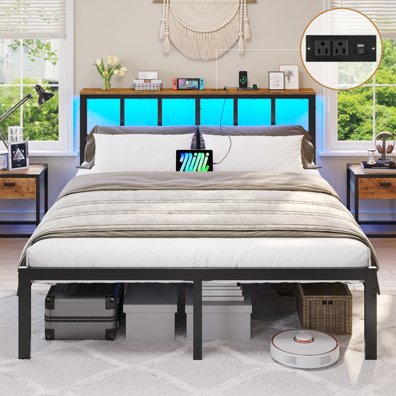 Bed Frame with Power Strip & LED Lights, Metal Platform Beds with Headboard, Stable and Sturdy, No Box Spring Needed