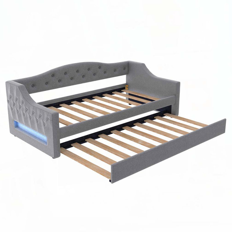 Upholstered Daybed with LED Belt and Trundle, Gray