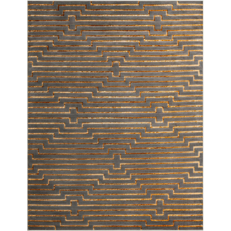 Tapis contemporain gris et doré Omotayo, Rectangle 10 pi x 13 pi 1 po