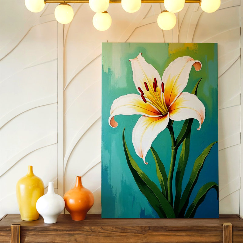 «White Lily Flower Botanical Floral», reproduction d'art sur toile bleue, 20 x 20 in