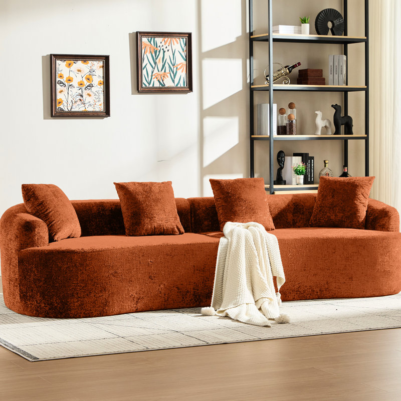 Courbe, chenille orange, 3 coussins, siège profond pour le salon, sans assemblage, coussins en mousse à mémoire de forme avec petits espaces idéaux dans les appartements et les sièges