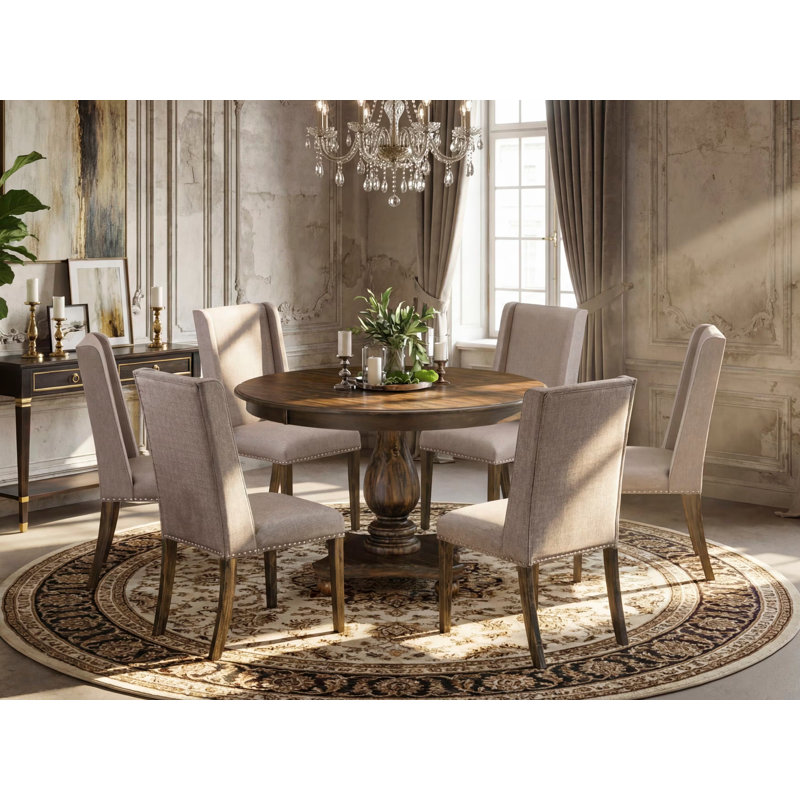 7 Piece Dining Table Set Consist of a Round Dining Room Table with Pedestal and 6 Dark Khaki Linen Fabric Parsons Chairs, Distressed Jacobean