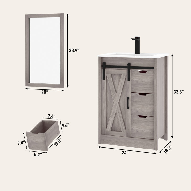36" Bathroom Vanity With Sink, Faucet, Mirror, Sliding Barn Door, And Drawers, Natural, 24"