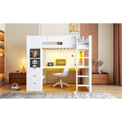 Lit mezzanine en bois pleine grandeur avec bureau en forme de U, lumières DEL RVB intelligentes et ports USB, canapé-lit multifonctionnel à 3 tiroirs et tablettes de rangement pour adolescents, blanc