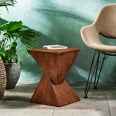 Modern Geometric Magnesium Oxide Side Table, 18" Tall Dark Brown Accent Table With Hourglass Design, Indoor/Outdoor Use