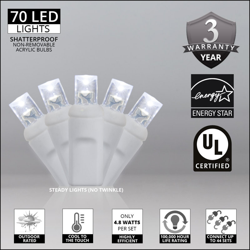 70 Light Wide Angle White Wire LED Mini String Lights (End to End Connectable), Cool White