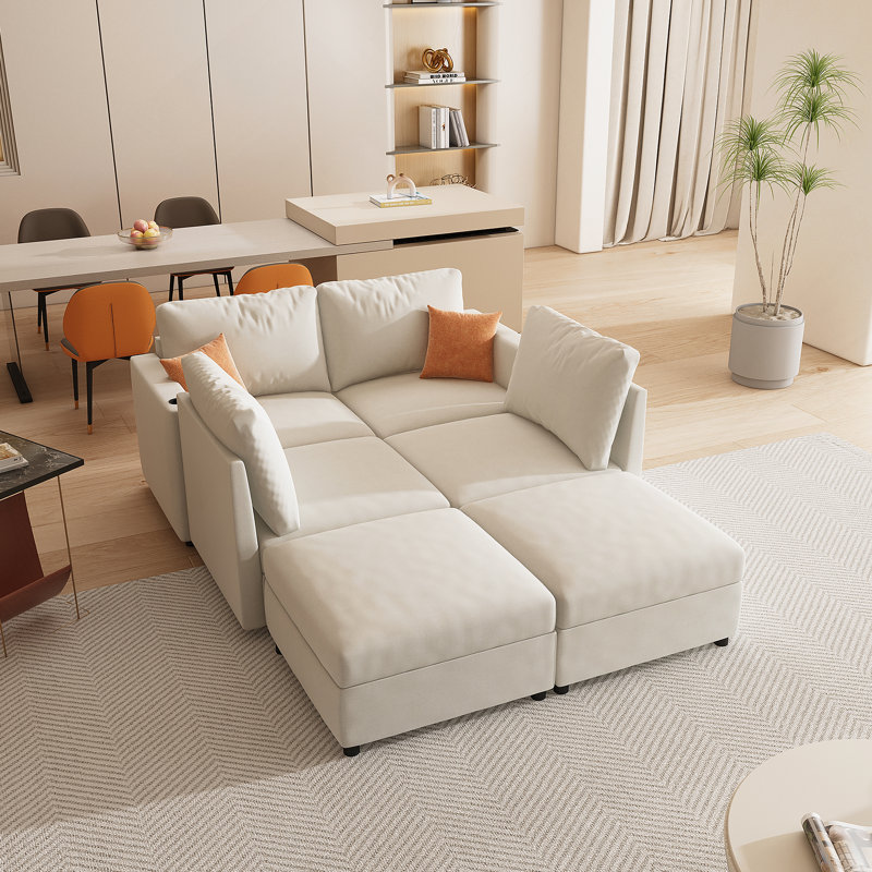 Grand canapé modulaire moderne, canapé modulaire en U avec fonction de rangement, Tissu blanc antique