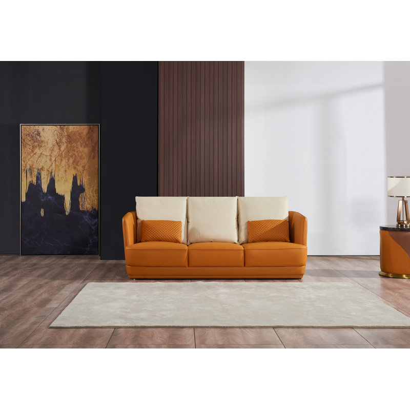 Glamour Leather Sofa, Orange/Brown Genuine Leather, 32.5" H x 87.5" W x 37.5" D, 3