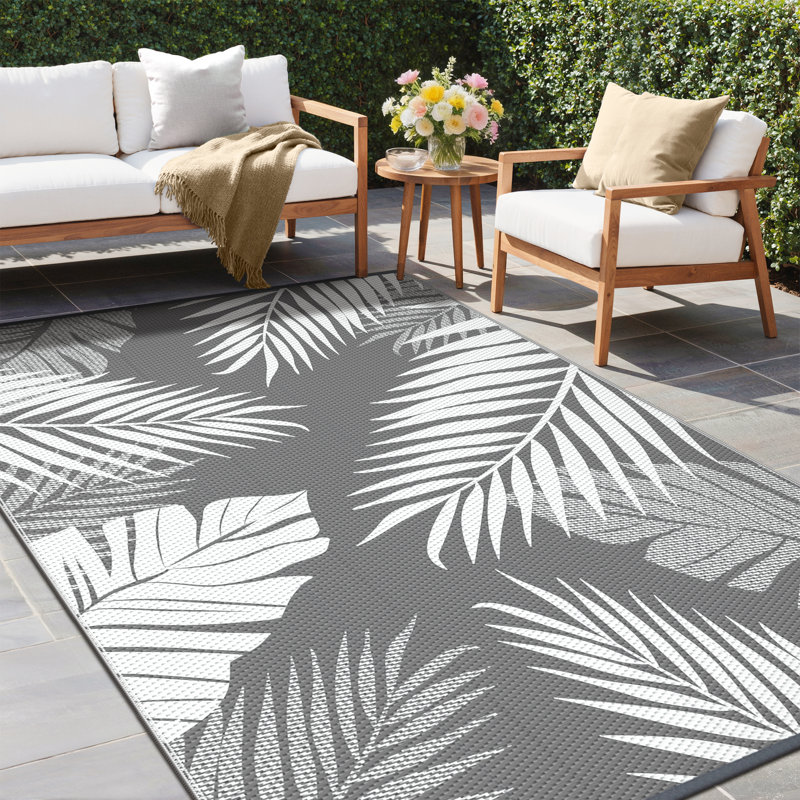 Tapis d'extérieur réversible Shimeek, tapis d'extérieur imperméable en plastique, Rectangle 9 pi x 12 pi, Gris / Blanc