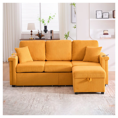 UNITED WE WIN Mustard Yellow L-Shaped Sectional Sofa with Storage Ottoman, USB Charging & Cup Holders - Corduroy Fabric Convertible 3-Seat for Living Room, Apartment