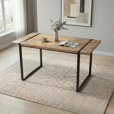 Modern Industrial 59" Rectangular Dining Table With Black Metal Legs And Engineering Wood Top