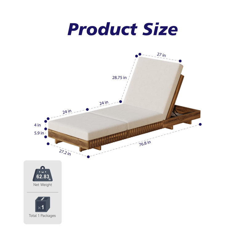 Ensemble de chaises longues en bois d'acacia massif avec coussin de détente, crème / gris foncé, dossier réglable à 6 positions, résistant à l'eau et facile à assembler
