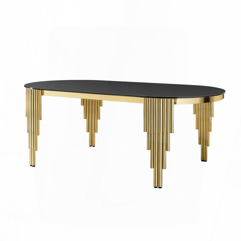 Table de salle à manger 70 "ovale en verre noir - pieds en acier inoxydable doré, sièges 6-8